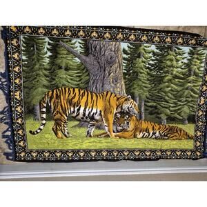 Vtg. 2 Tiger Landscape Cotton Tapestry Wall Hanging 58x39 Pop Art Decor